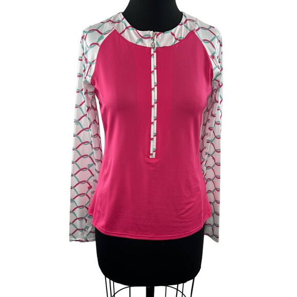 SANSOLEIL SolCool Pink White Long Sleeve Partial Zip Mock Neck Stretch Top Sz S - Picture 1 of 8